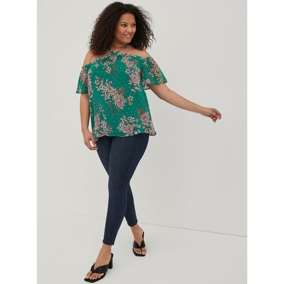 Torrid Green Floral Halter Top Womens Size 2X Crinkle Chiffon Cold Shoulder - Picture 9 of 12